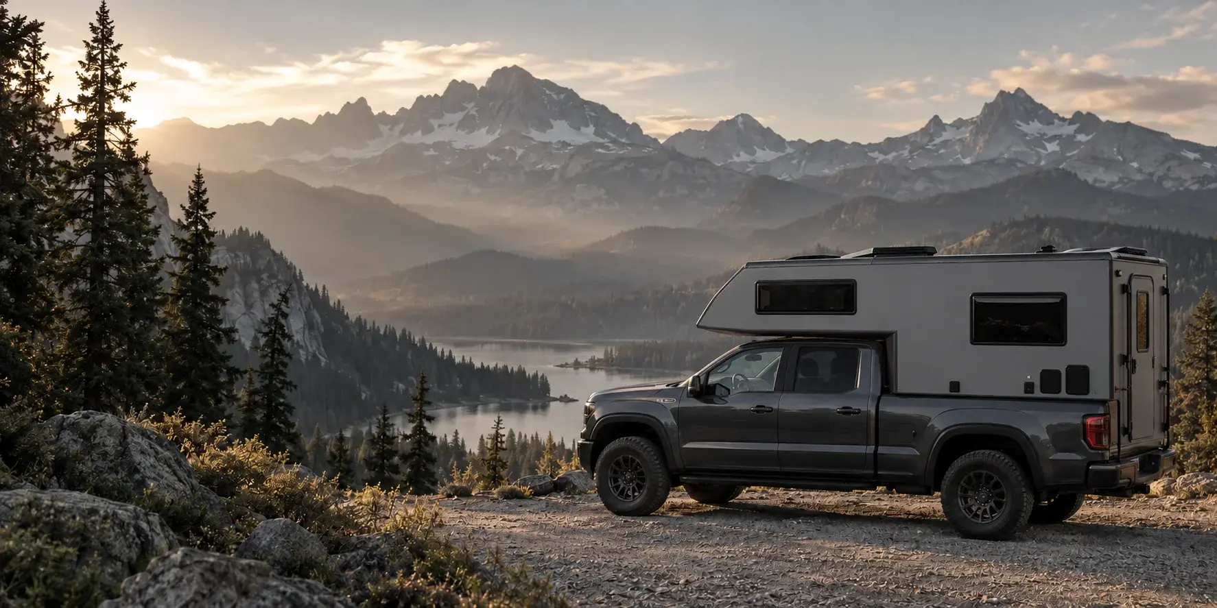 Illustrative AI concept of a slide-in truck camper at a mountain overlook; not an actual MOHO USA product